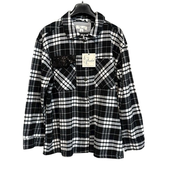 Café Marrakesh black white plaid flannel Style shirt NWT pockets L hidden button - Picture 1 of 16